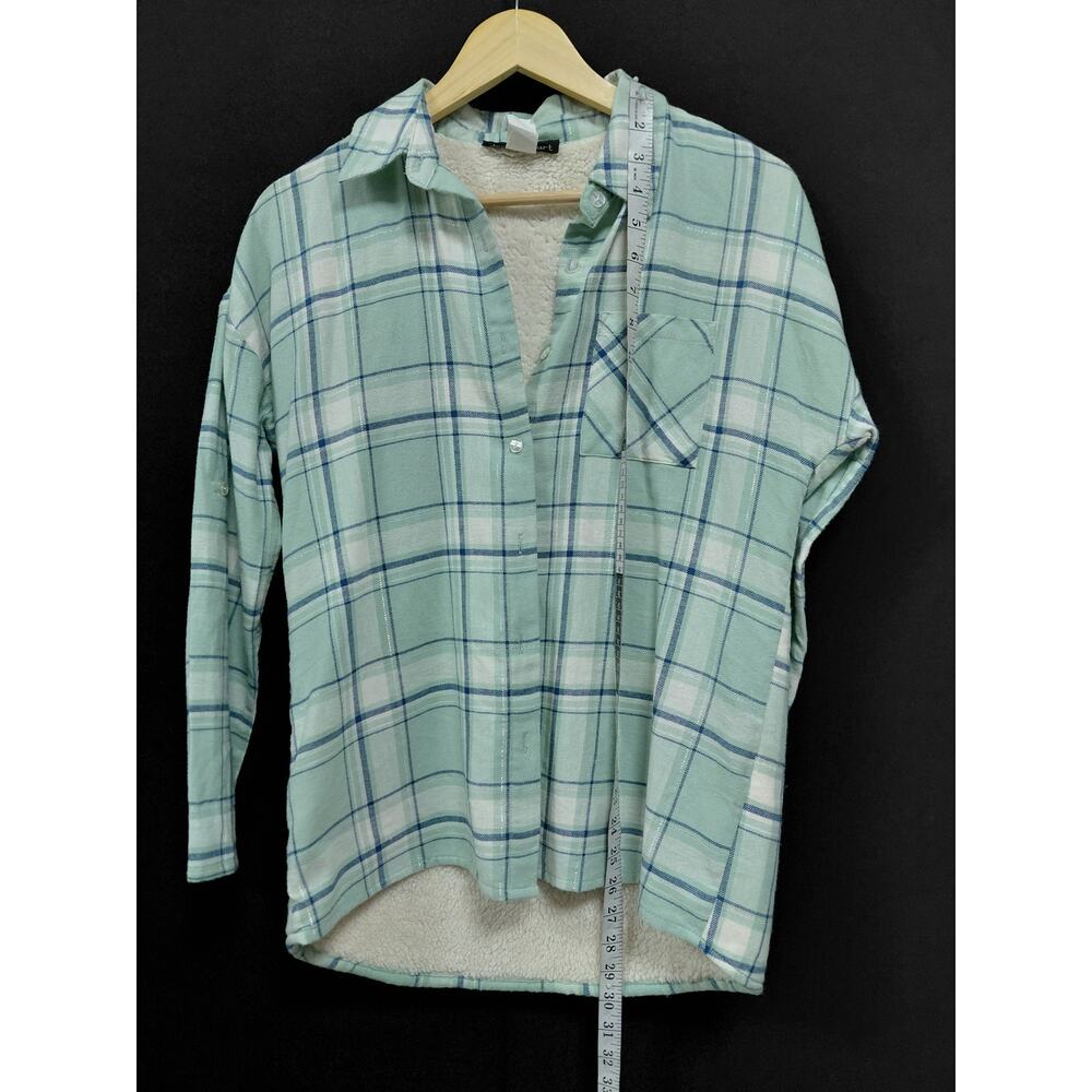derek heart Plaid Sherpa Lined Shirt Green Knit Long Sleeve Women Size M - Picture 7 of 8